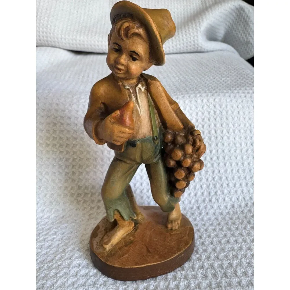 A Senoner Tinderla Hand Carved Wood Boy Figurine Grapes Pear Ortisei Italy